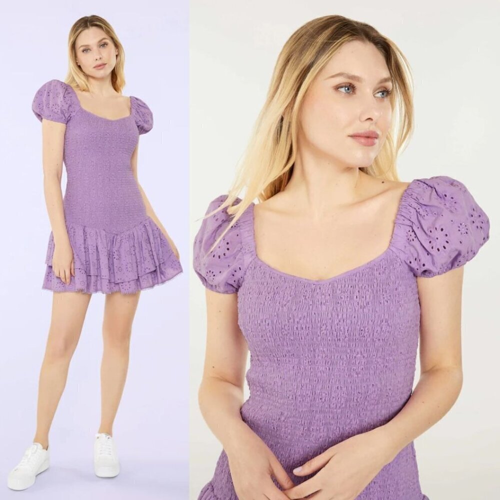 NEW Likely Tayaisha Dress Violet Eyelet Smocked Puff Sleeves Mini Dress 14 - Picture 1 of 12